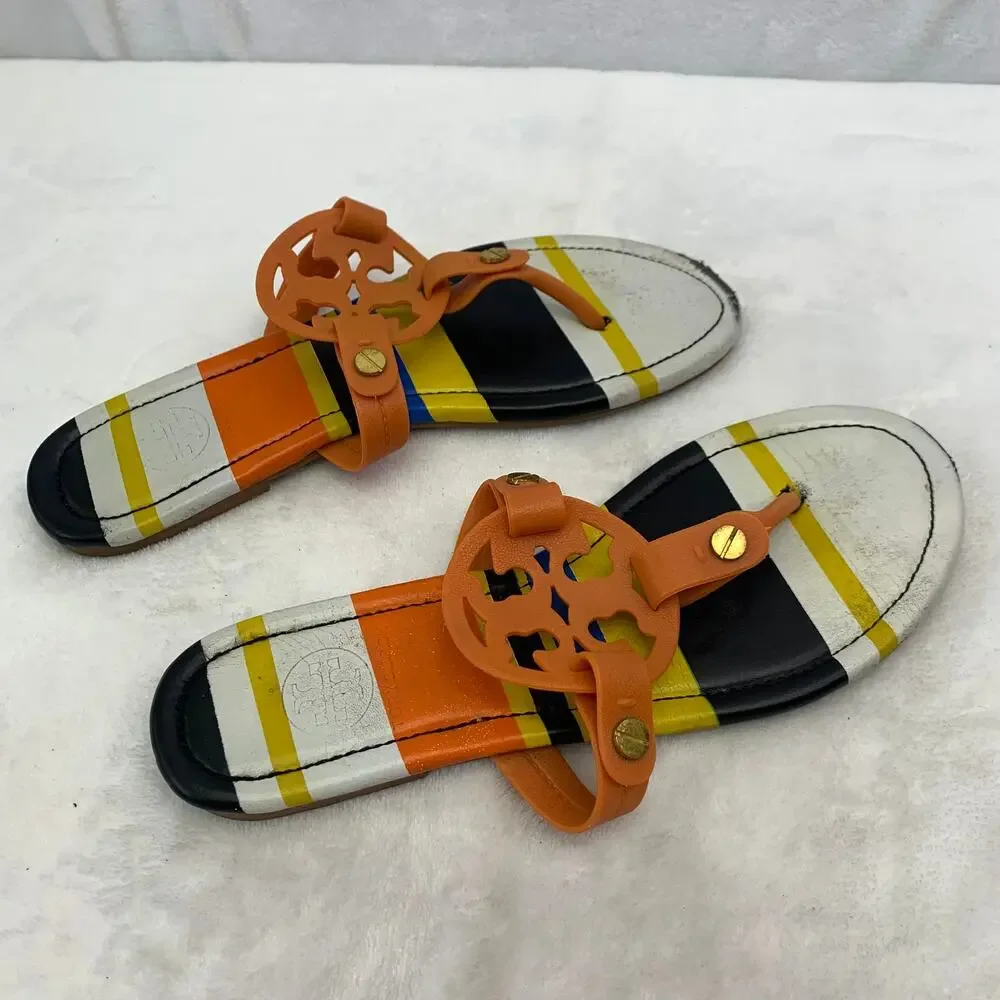 Tory Burch Miller Womens 9.5 Striped Sandals Balloon Stripe Colorful Flip Flops
